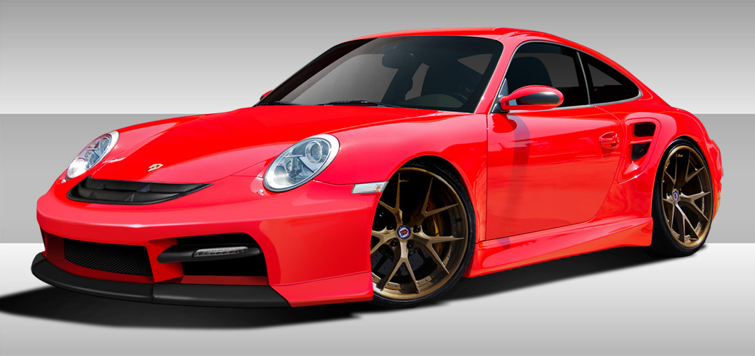 2005-2011 Porsche 911 Carrera 997 Eros Version 3 Body Kit - 4 Piece - Includes Eros Version 3 Front Bumper Cover (109629) Eros Version 1 Side Skirt Rocker Panels (107837) GT-3 Look Rear Bumper Cover (105145)